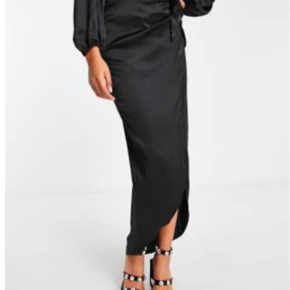 Flounce London satin high waist maxi skirt with leg slit in black